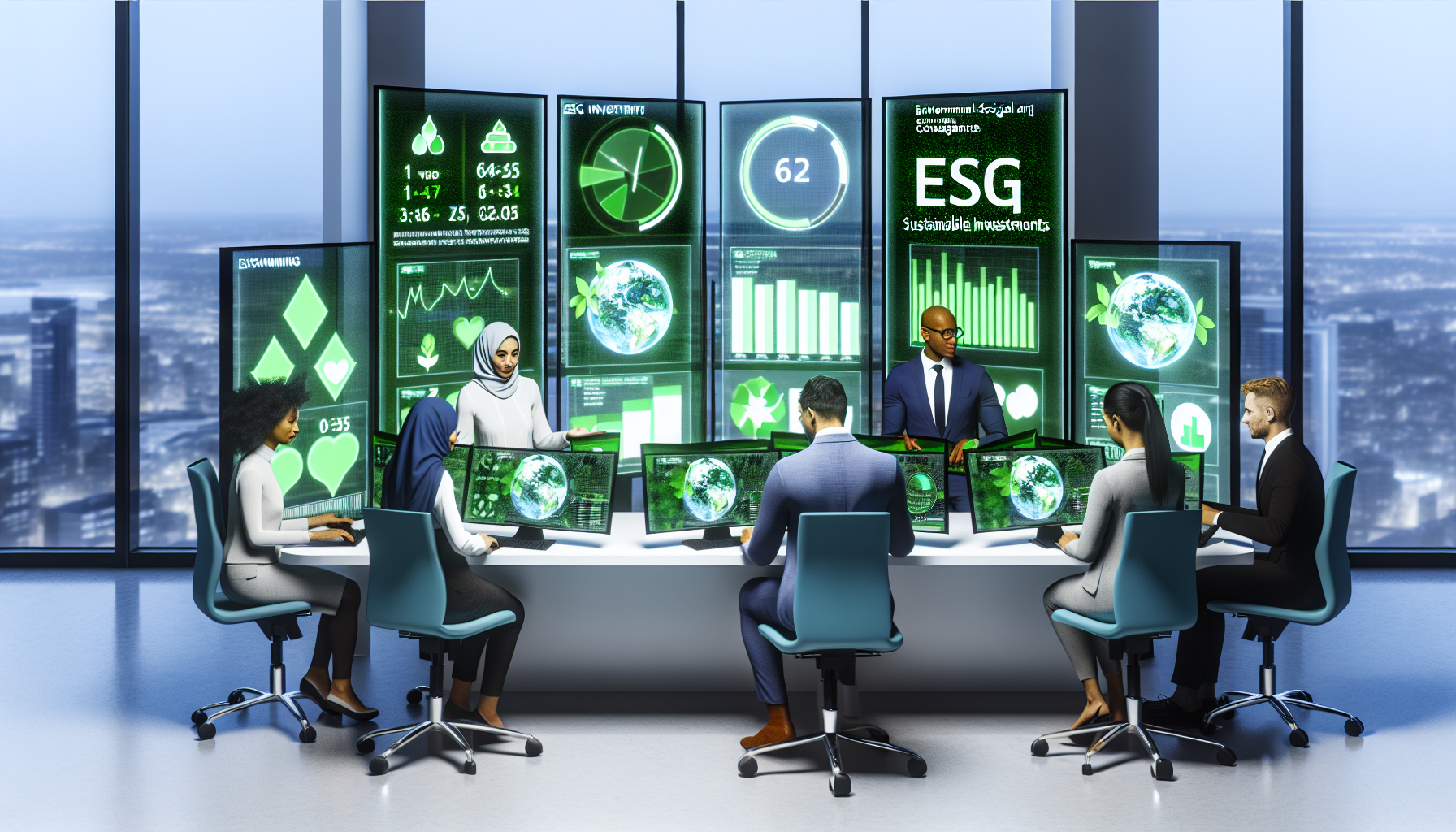 ESG・サステナブル投資の現代的なオフィス環境でデータ分析を行う多様なビジネスプロフェッショナルたち